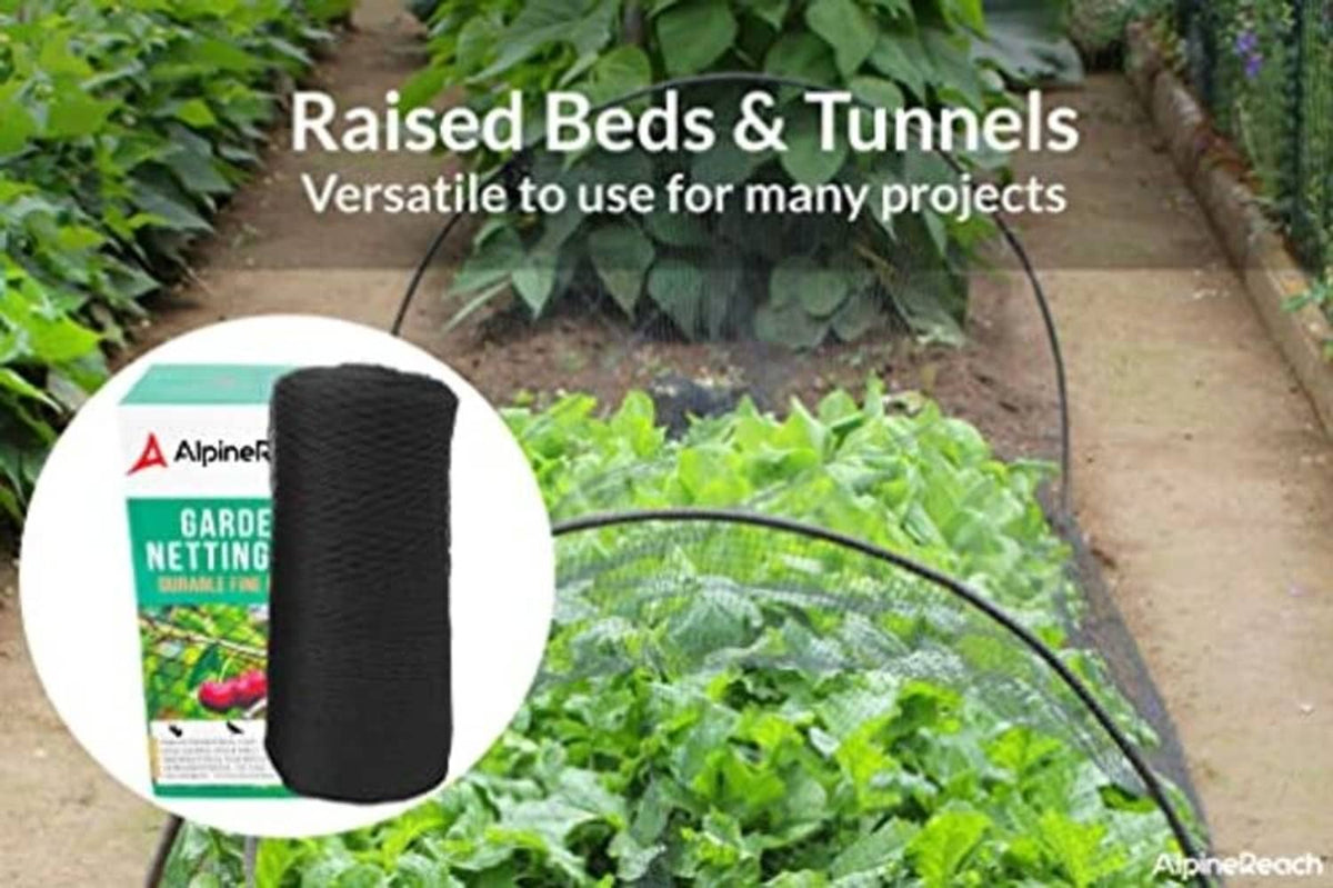 Black garden netting roll shown for raised beds and tunnel use; AlpineReach
