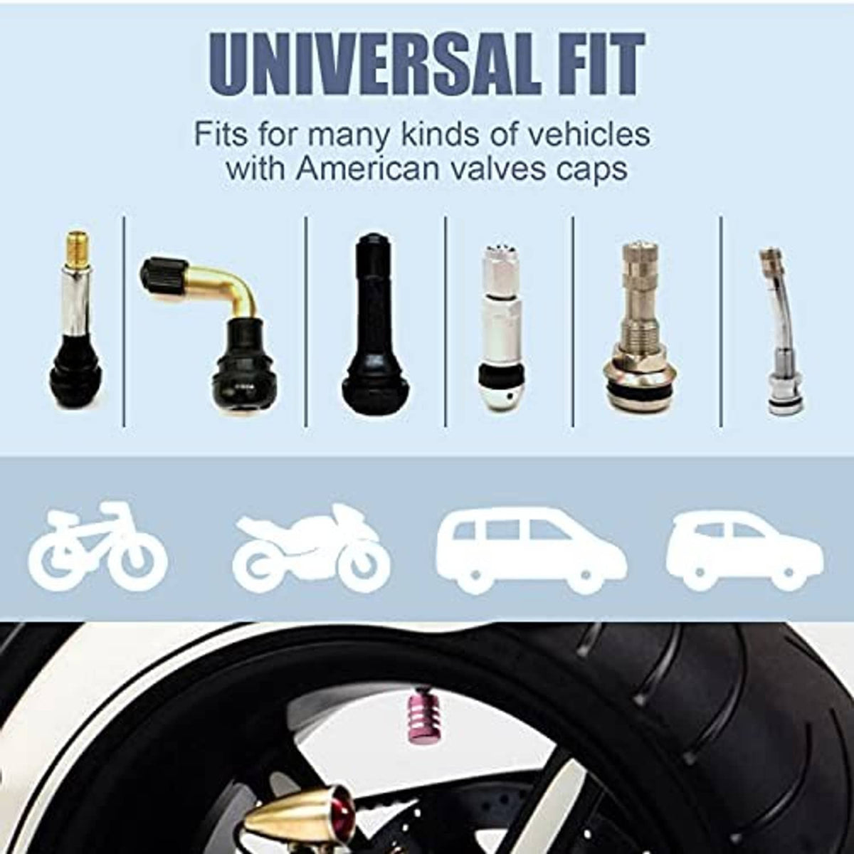 Pink metal tire valve stem cap covers shown with universal valve cap examples