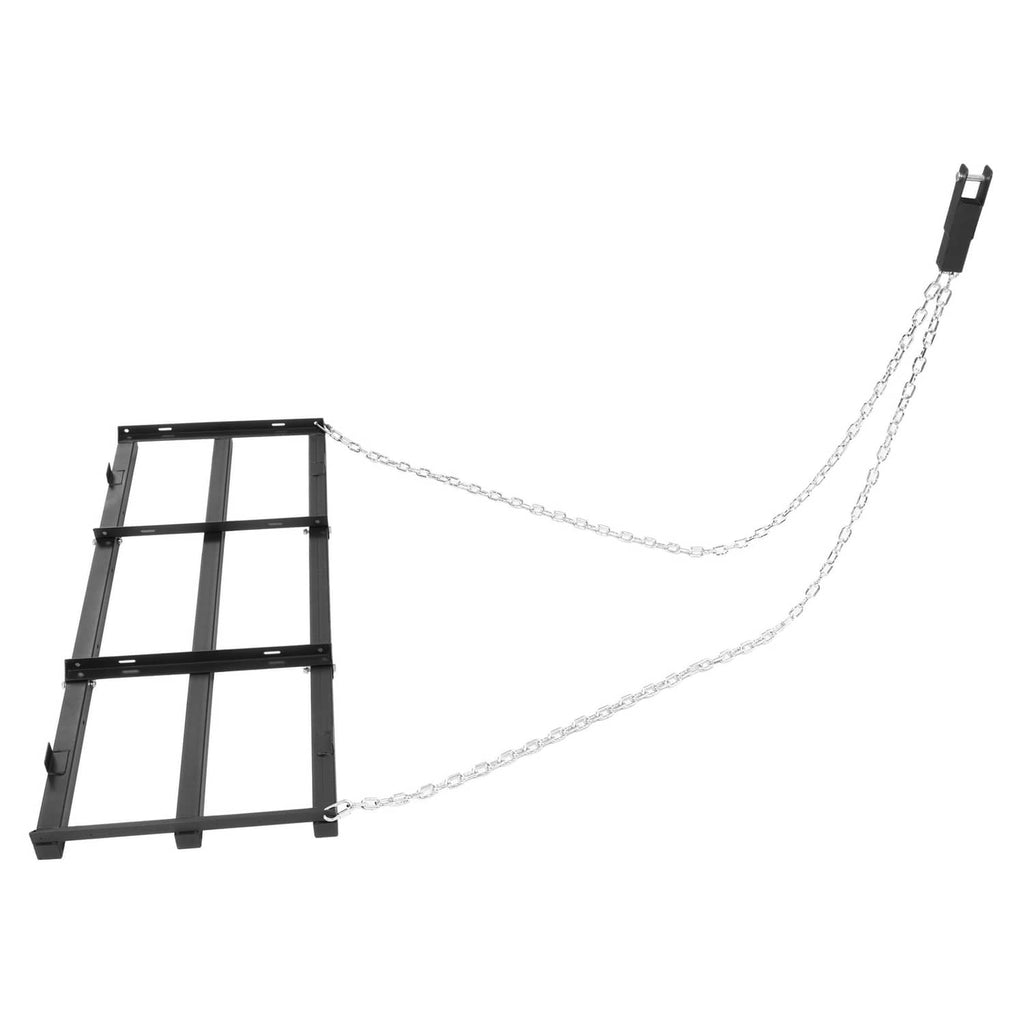 Tow-behind drag harrow with black ladder frame and dual chains