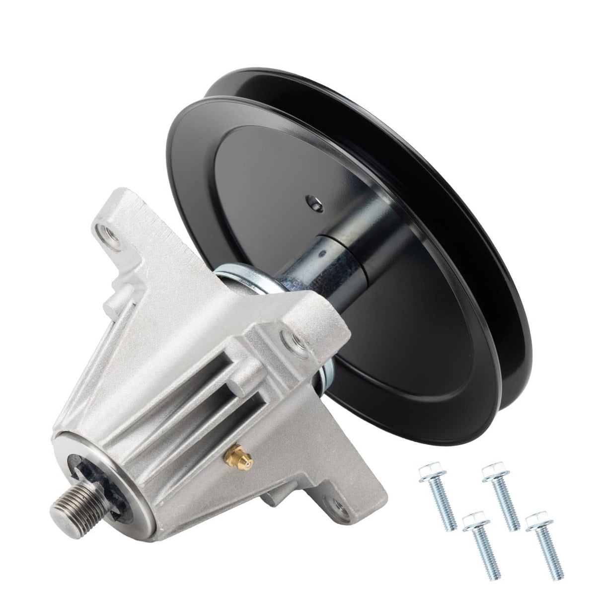 Deck spindle assembly with black pulley wheel, silver mounting plate, and bolts