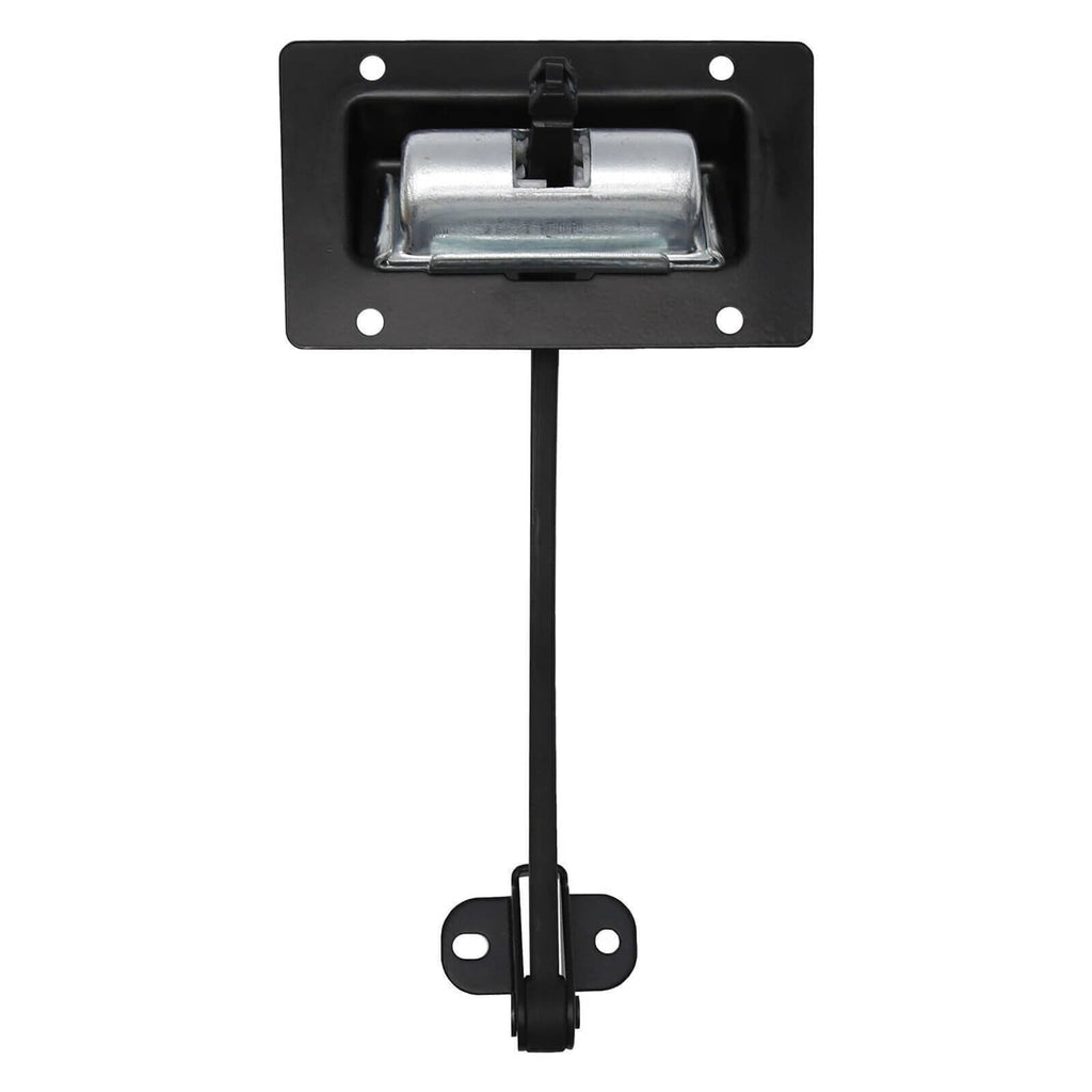 Rectangular black mounting plate with silver latch and straight retaining arm