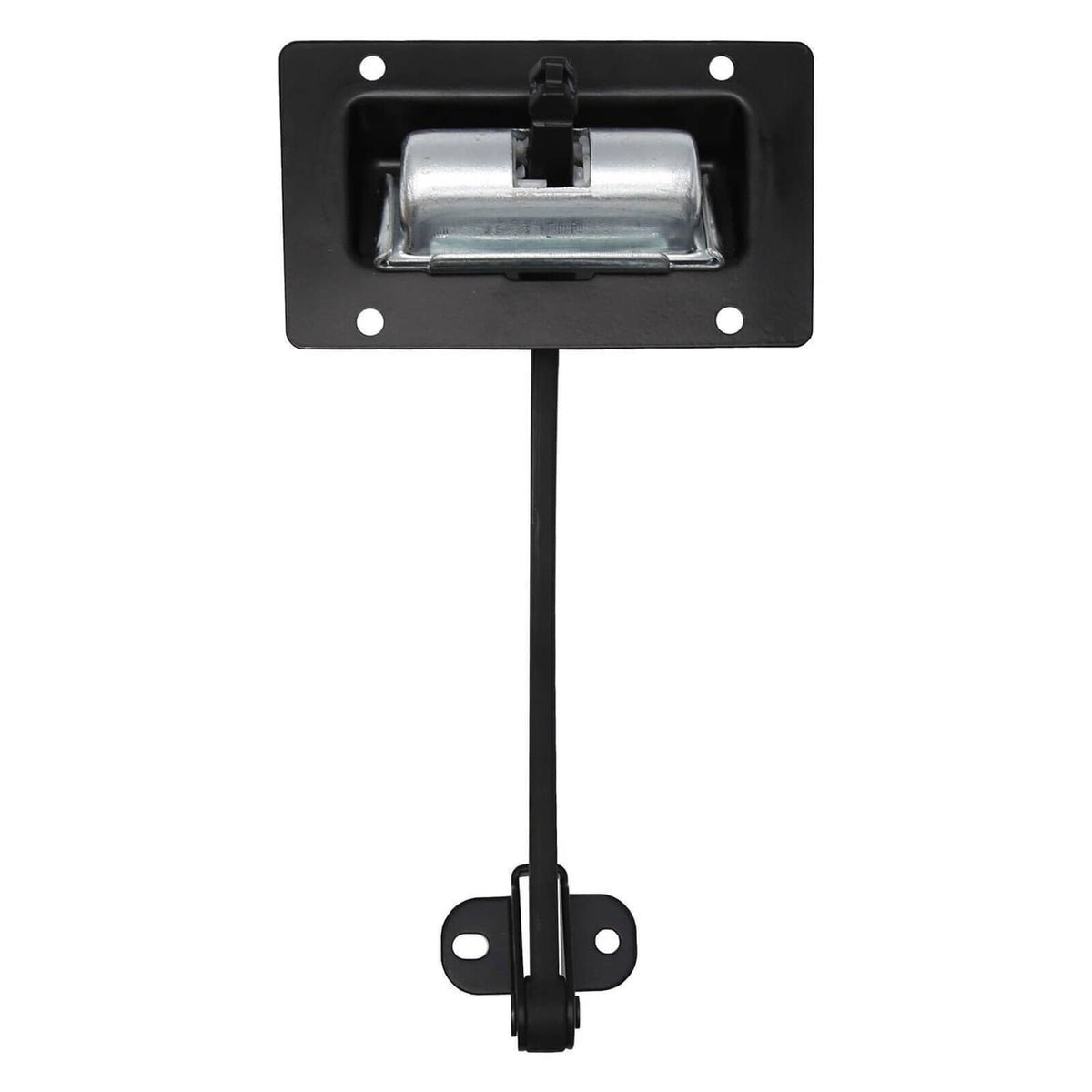 Rectangular black mounting plate with silver latch and straight retaining arm