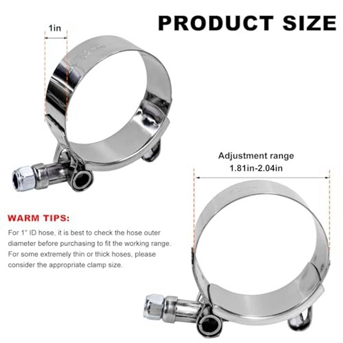 T-bolt hose clamp with adjustable band, shown with size measurement lines