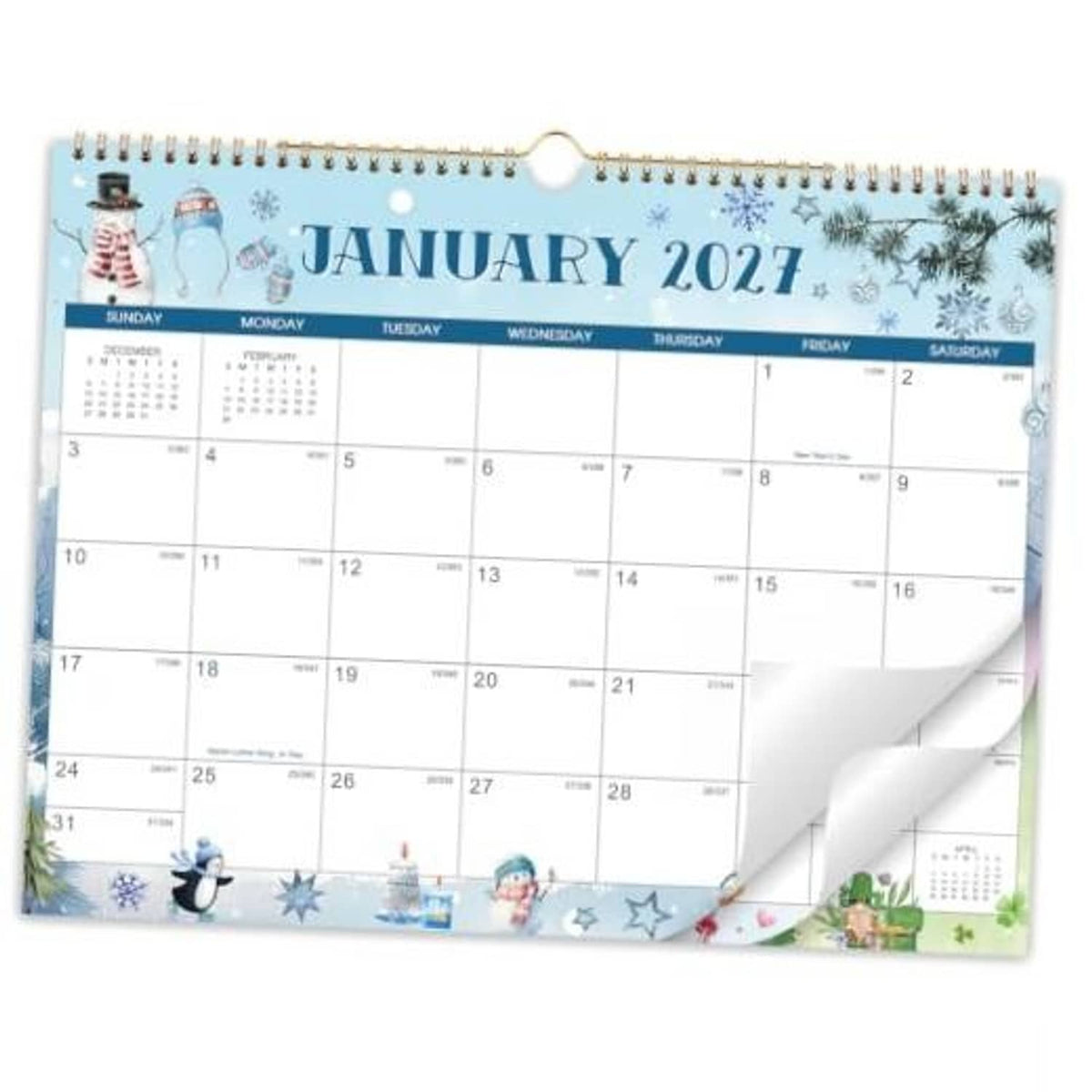 Blue wall calendar for January 2027 with hanging loop, spiral binding, and monthly date grid