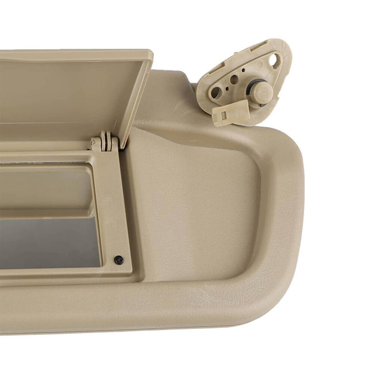 Beige sun visor mounting bracket and hinge detail