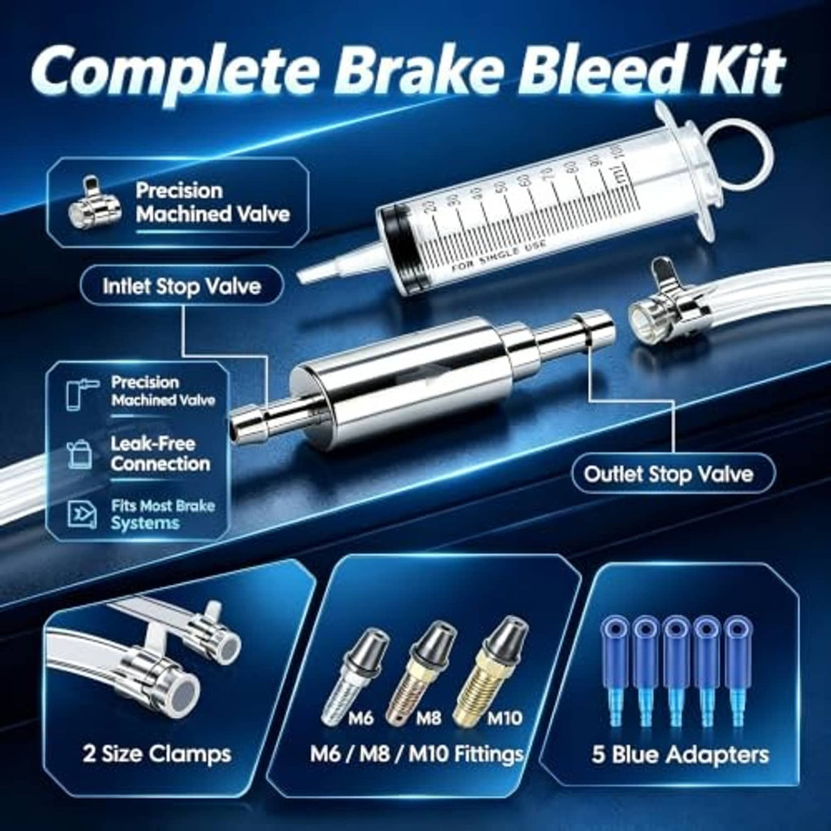Brake bleeder kit with precision machined one-way valve, inlet/outlet stop valves, syringe