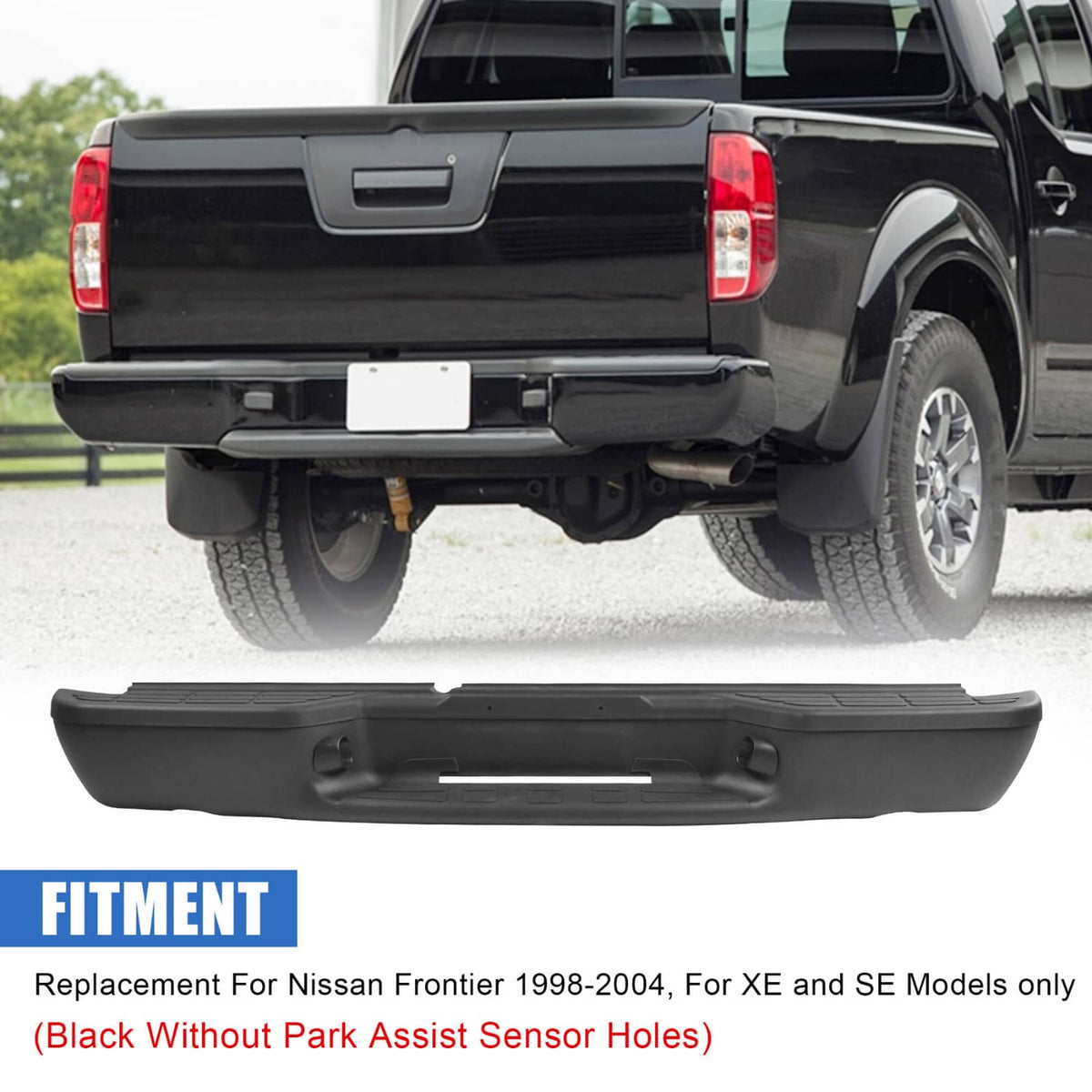 Black rear step bumper installed on a pickup truck, rear view
