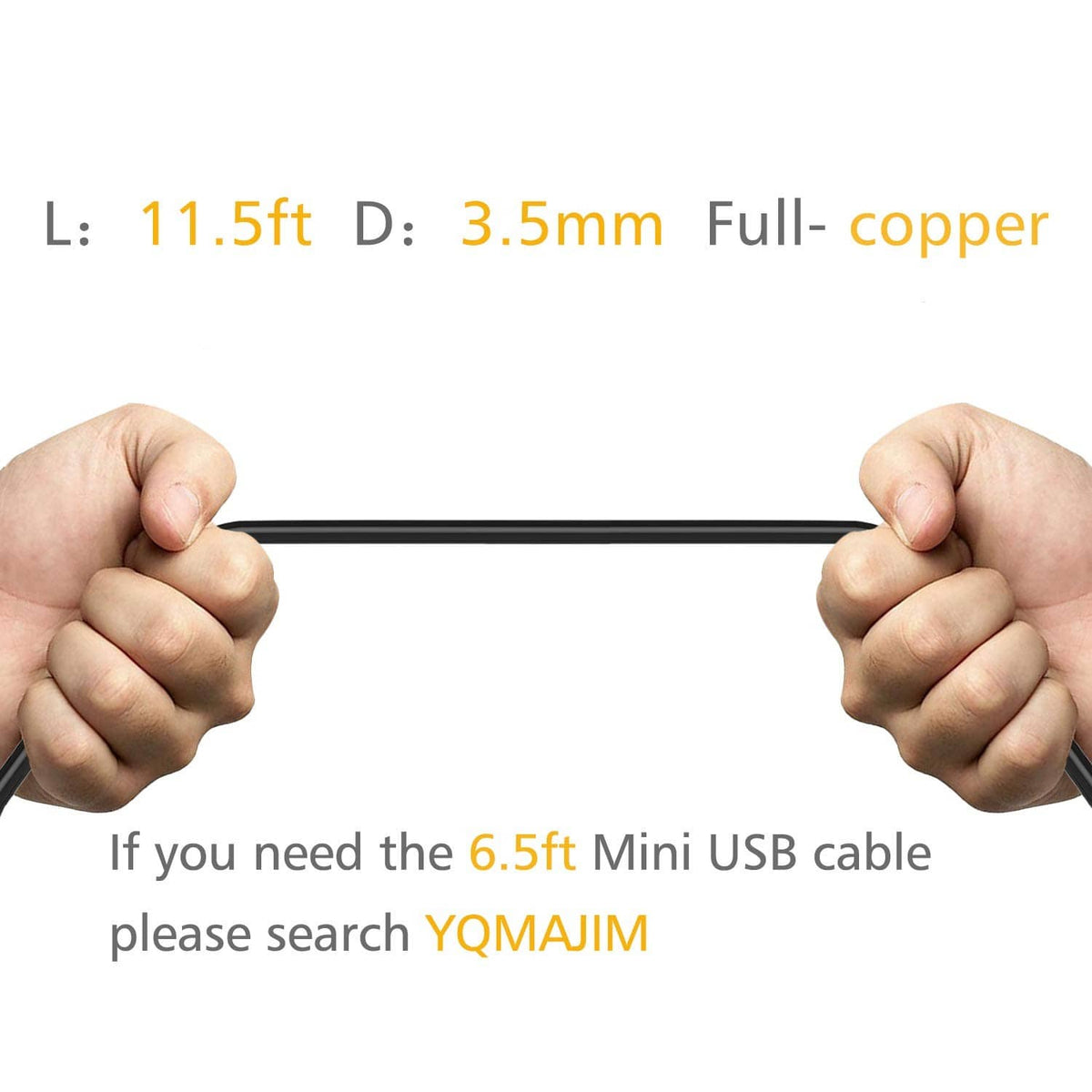 Black charging cable, 11.5 ft length and 3.5mm diameter, full-copper construction