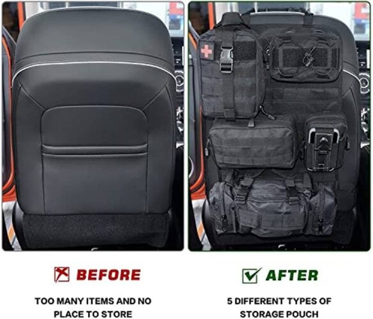 Black seat back storage bag shown from front and side, with multiple pouches