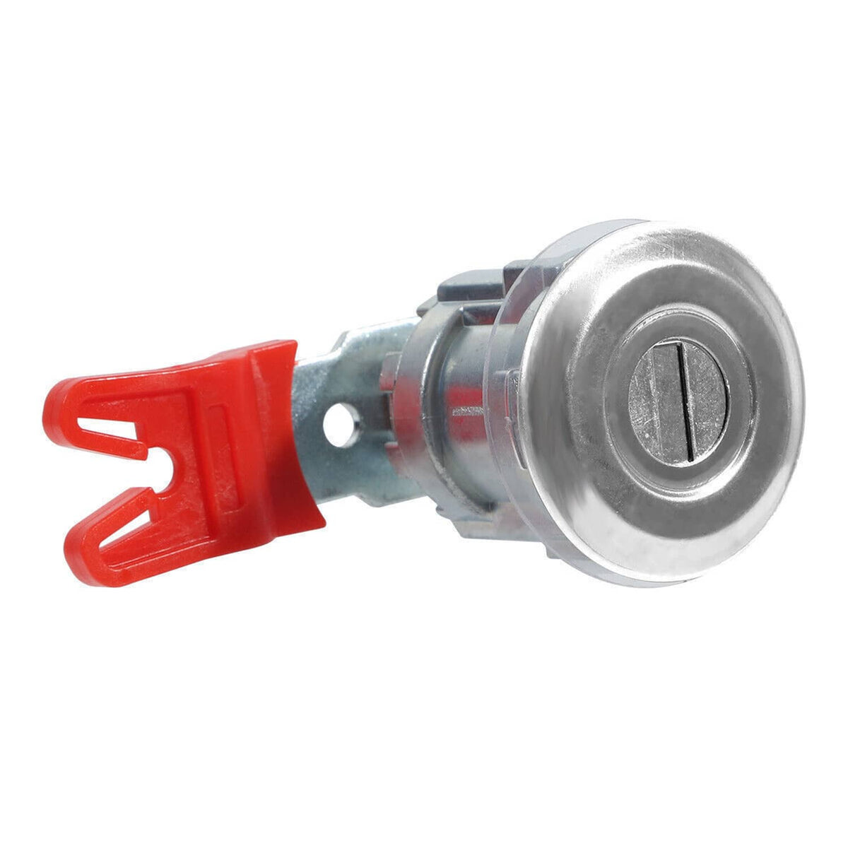 Ignition/door lock cylinder with metal key slot and red plastic key tag