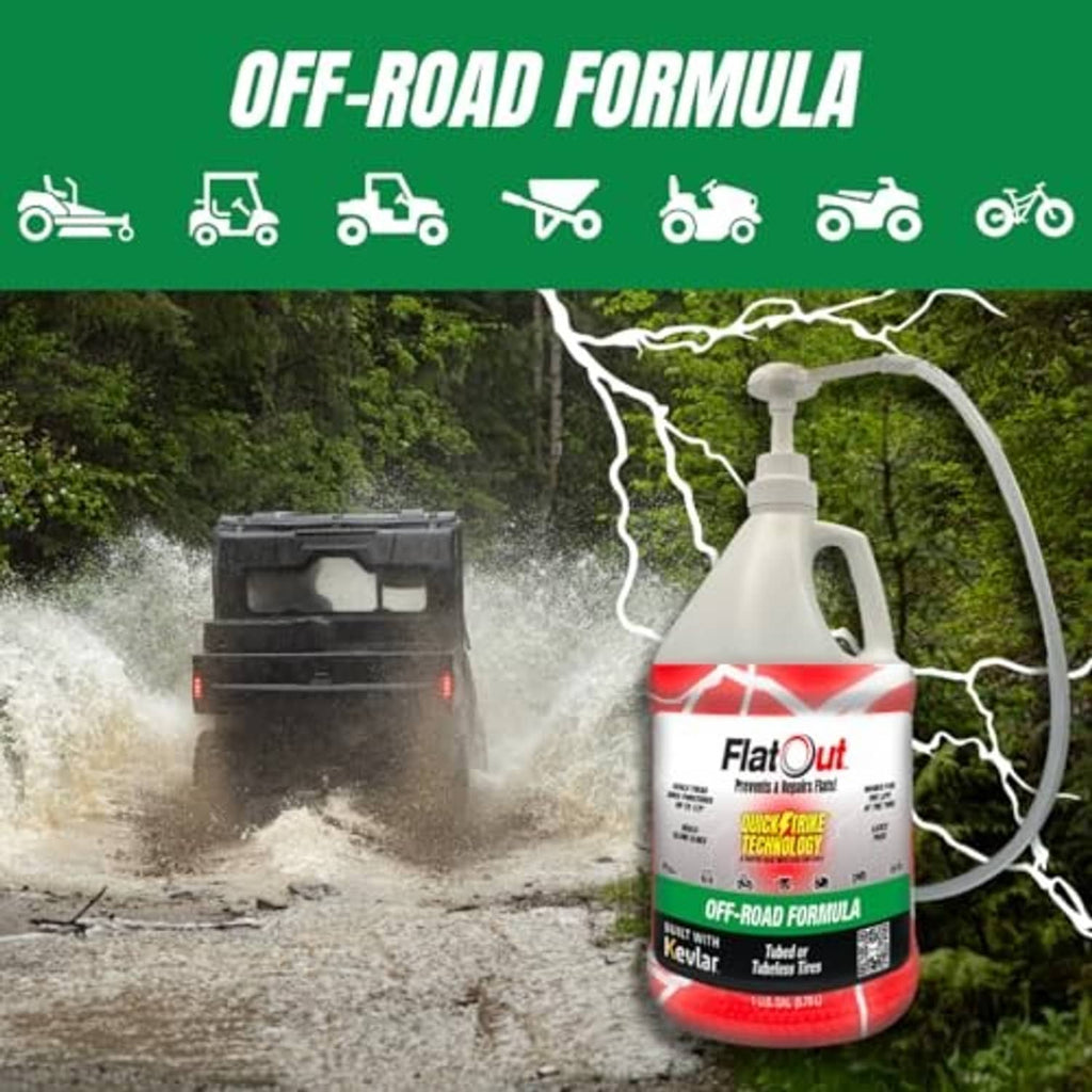 QuickStrike tire sealant bottle with red/white label and looping clear hose