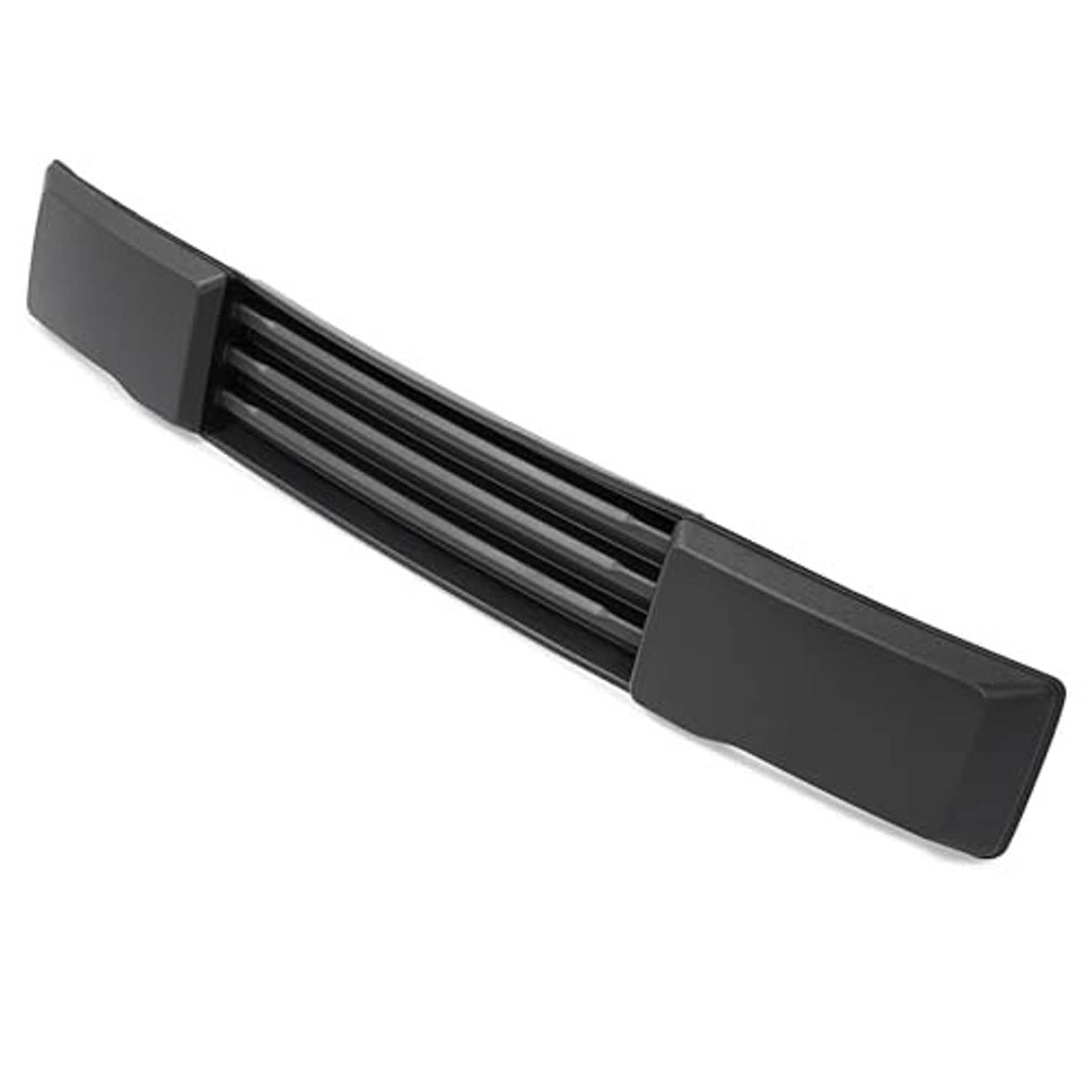 Black front bumper grille insert with horizontal slats and rectangular end frames