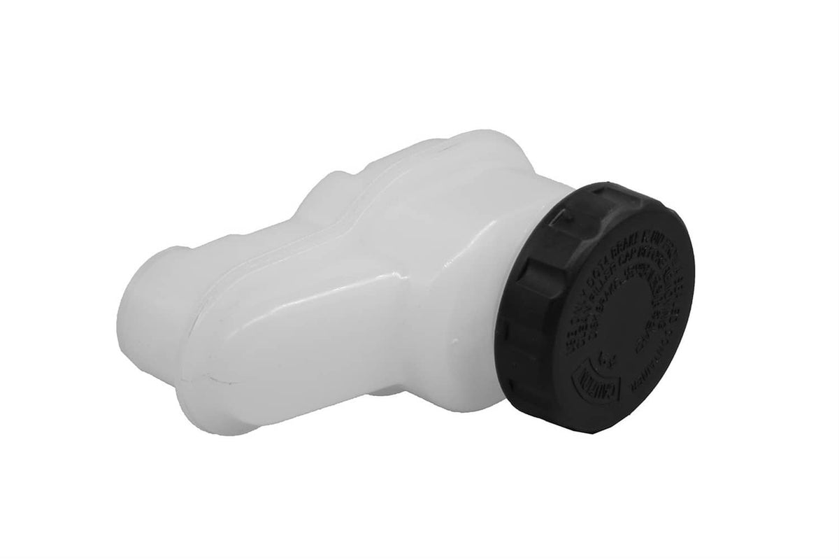 Brake master cylinder reservoir with black cap on white body, side view