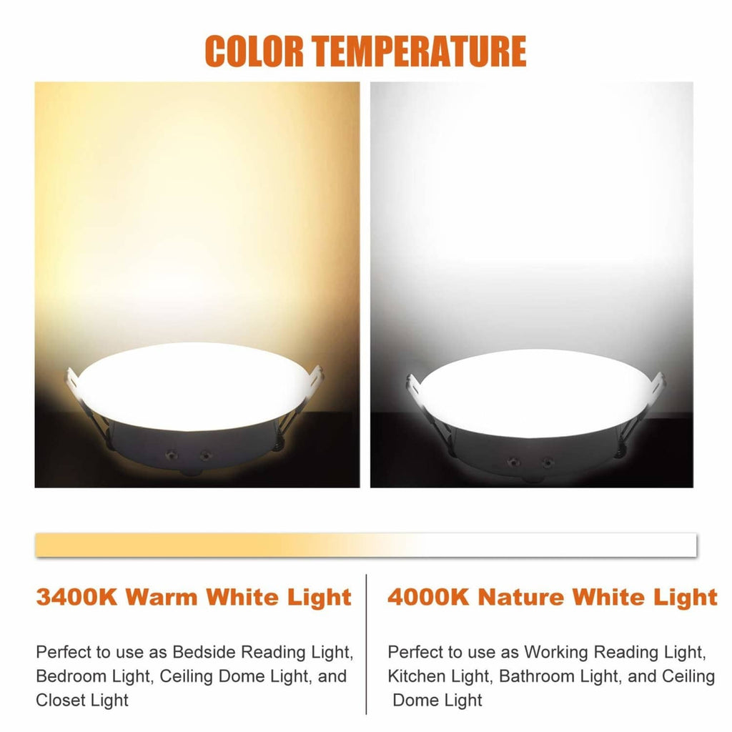 Recessed LED puck light showing warm white and neutral white light output