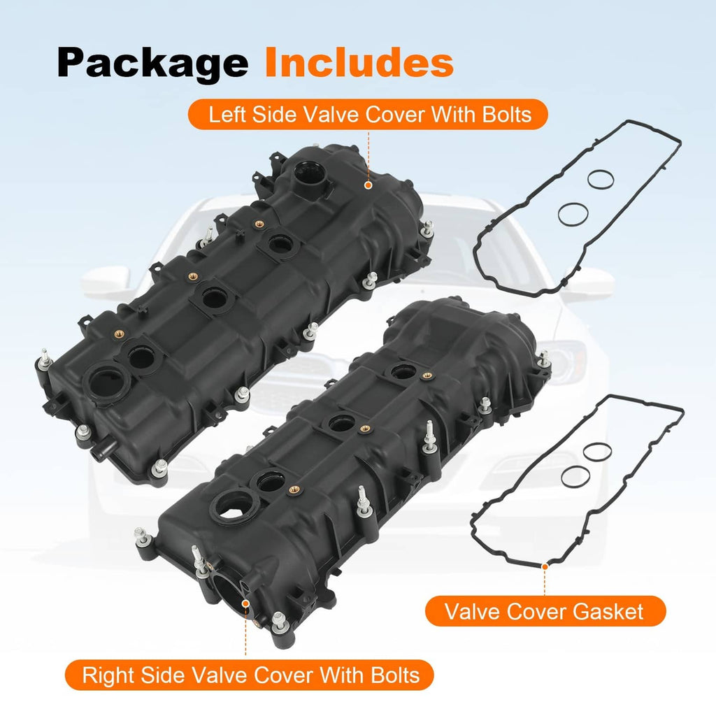 Pair of black valve covers with gaskets and bolts, package layout on white background.