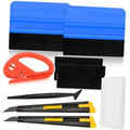 Blue squeegee tool with felt pads, orange scraper, and black-and-yellow cutting blades