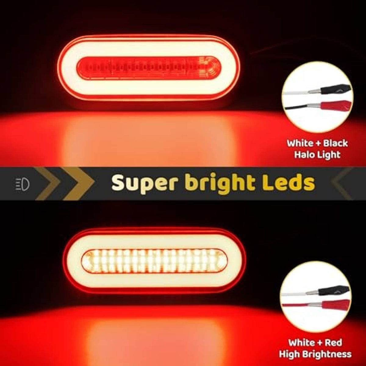 Oval red LED trailer light with white halo ring, close-up detail