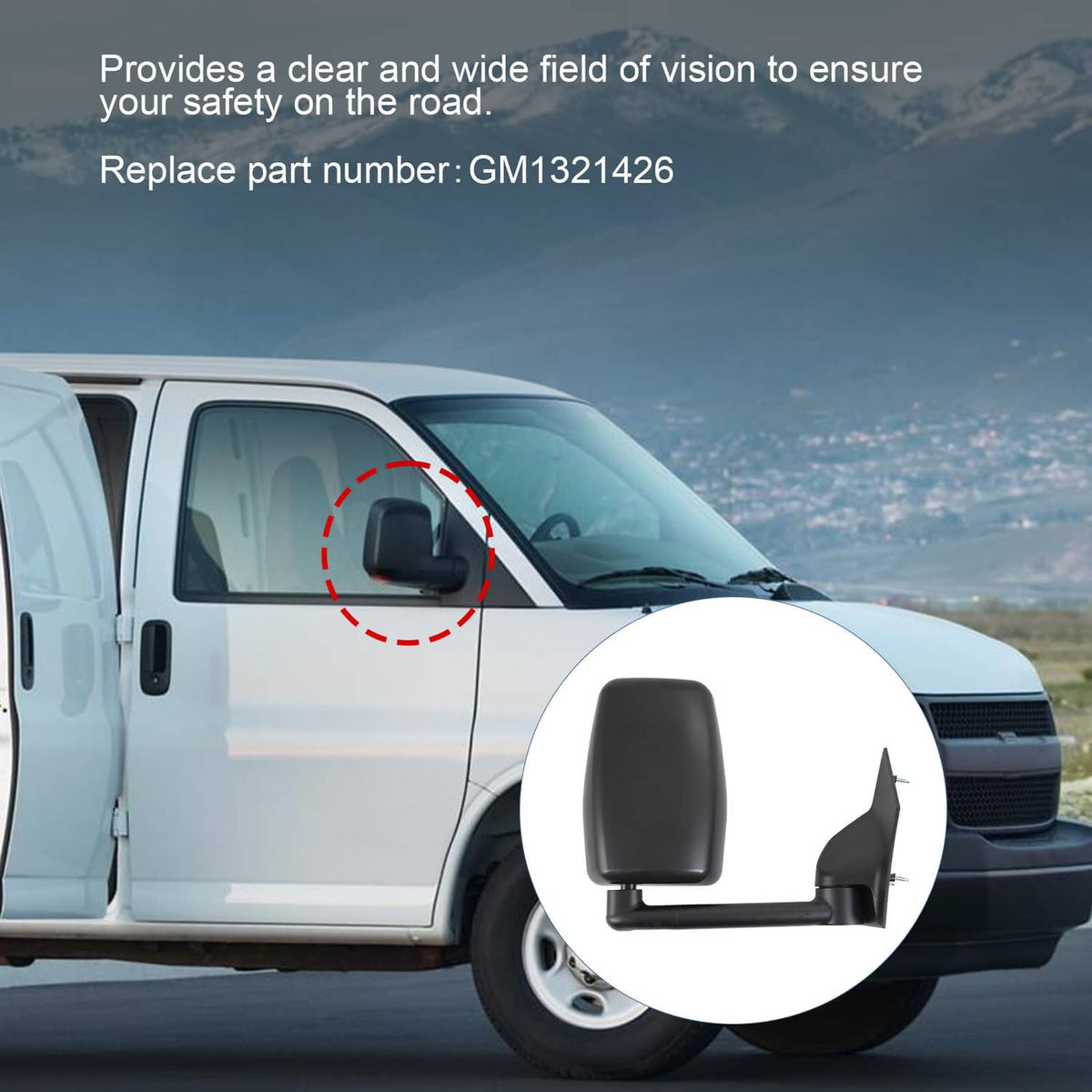 Manual side mirror with black housing and clear glass, vehicle-mounted