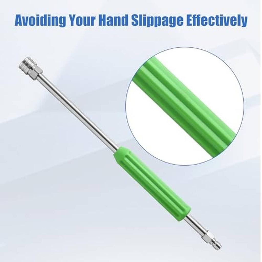 Stainless pressure washer extension wand with green grip sleeve and metal coupler end