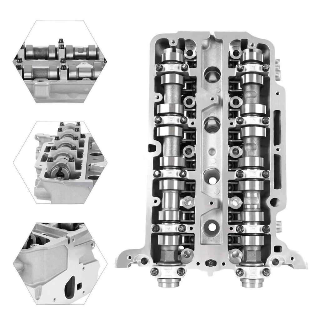Aluminum cylinder head with valve lifters and rocker assemblies, shown in multiple angles