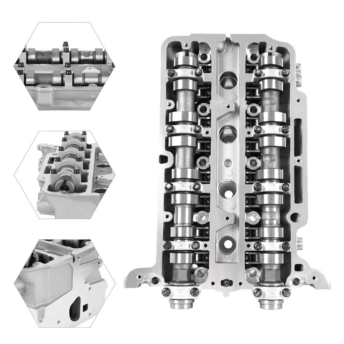 Aluminum cylinder head with valve lifters and rocker assemblies, shown in multiple angles