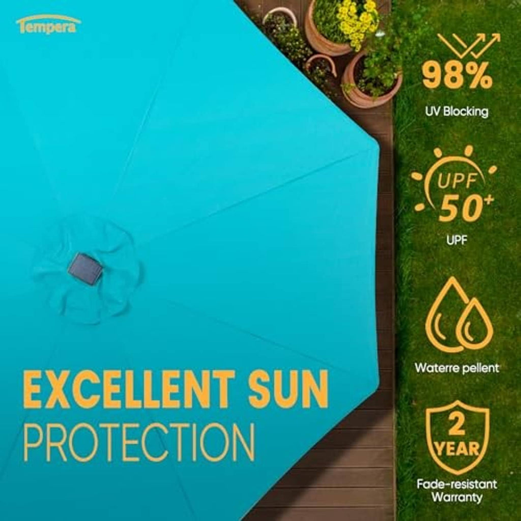Turquoise umbrella canopy fabric with reinforced corners and secured strap detail