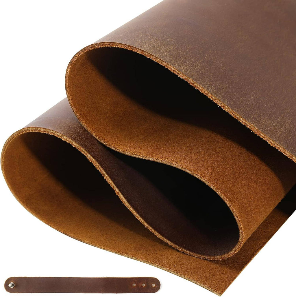 Brown genuine leather sheets, rolled edges; includes small perforated strap.