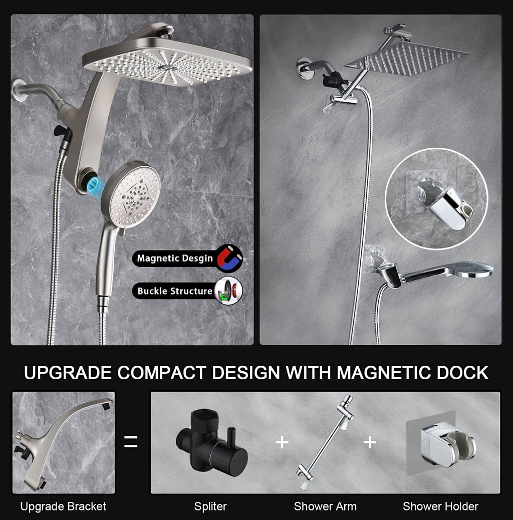 Nickel shower head set with magnetic-dock handheld and adjustable shower arm