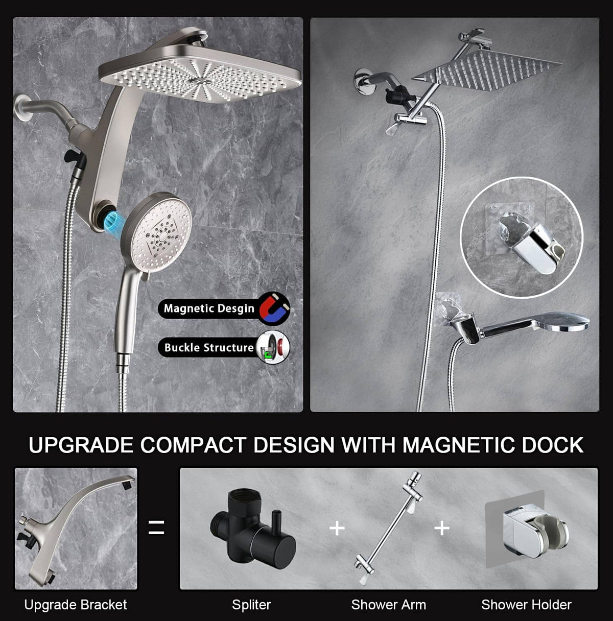 Nickel shower head set with magnetic-dock handheld and adjustable shower arm