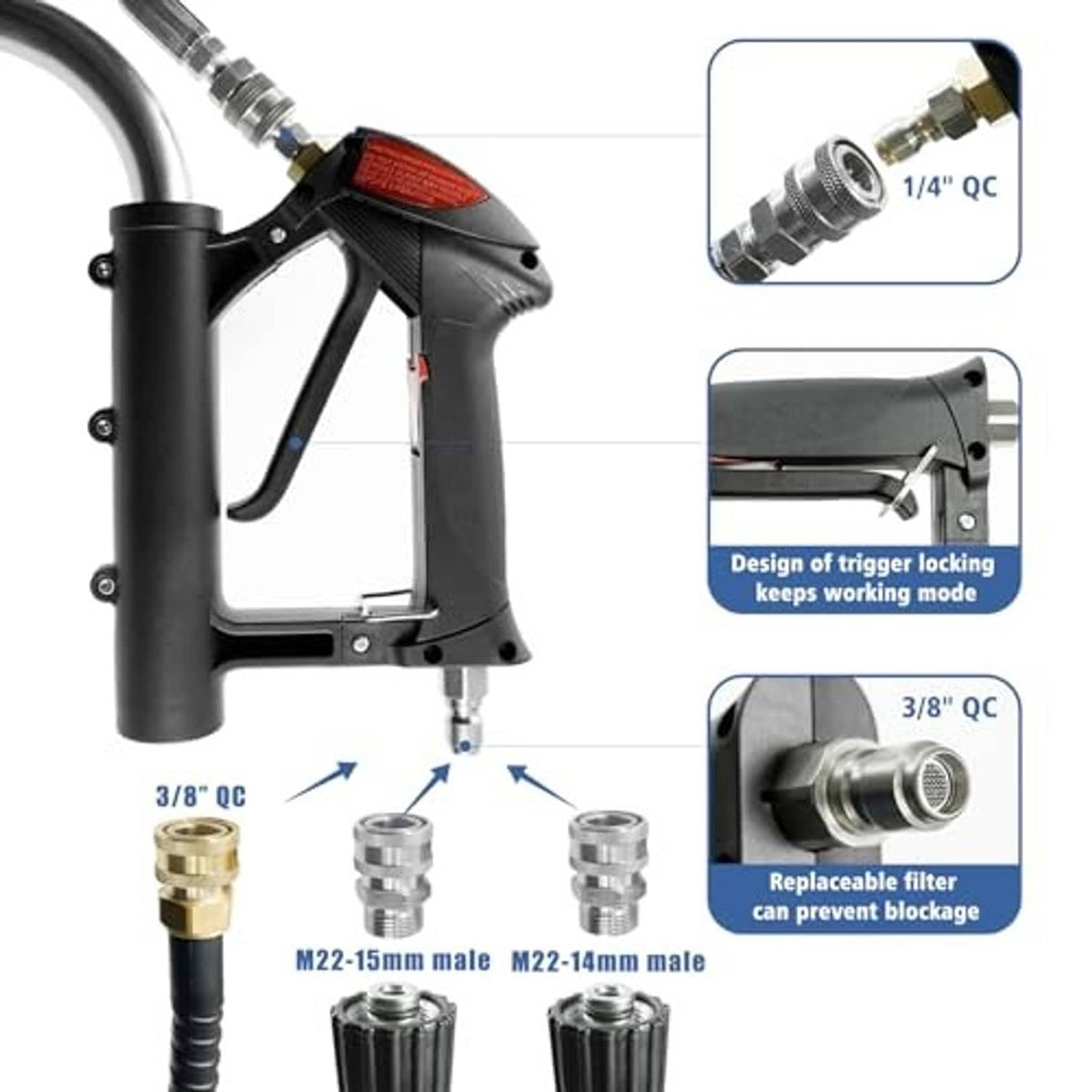 Trigger gun and quick-connect adapters with adjustable handle and threaded pressure fittings