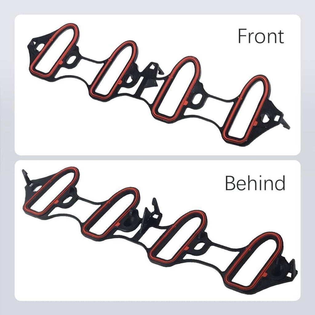 Intake manifold gasket set diagrams showing red-trim gaskets in front and behind rows