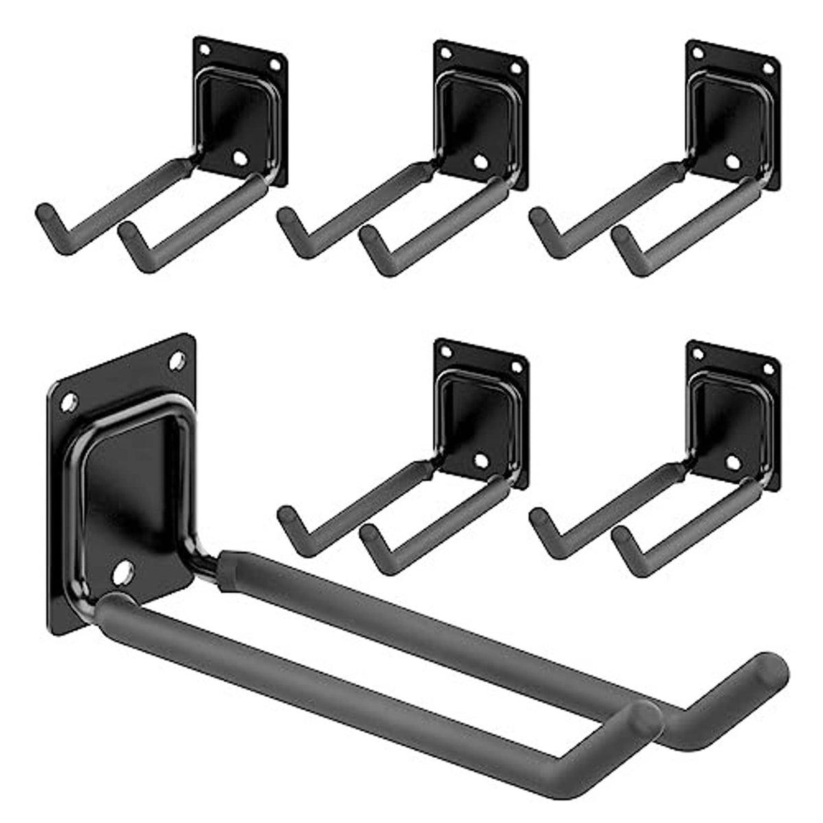 Six black garage storage hooks with long bar design and curved end grips