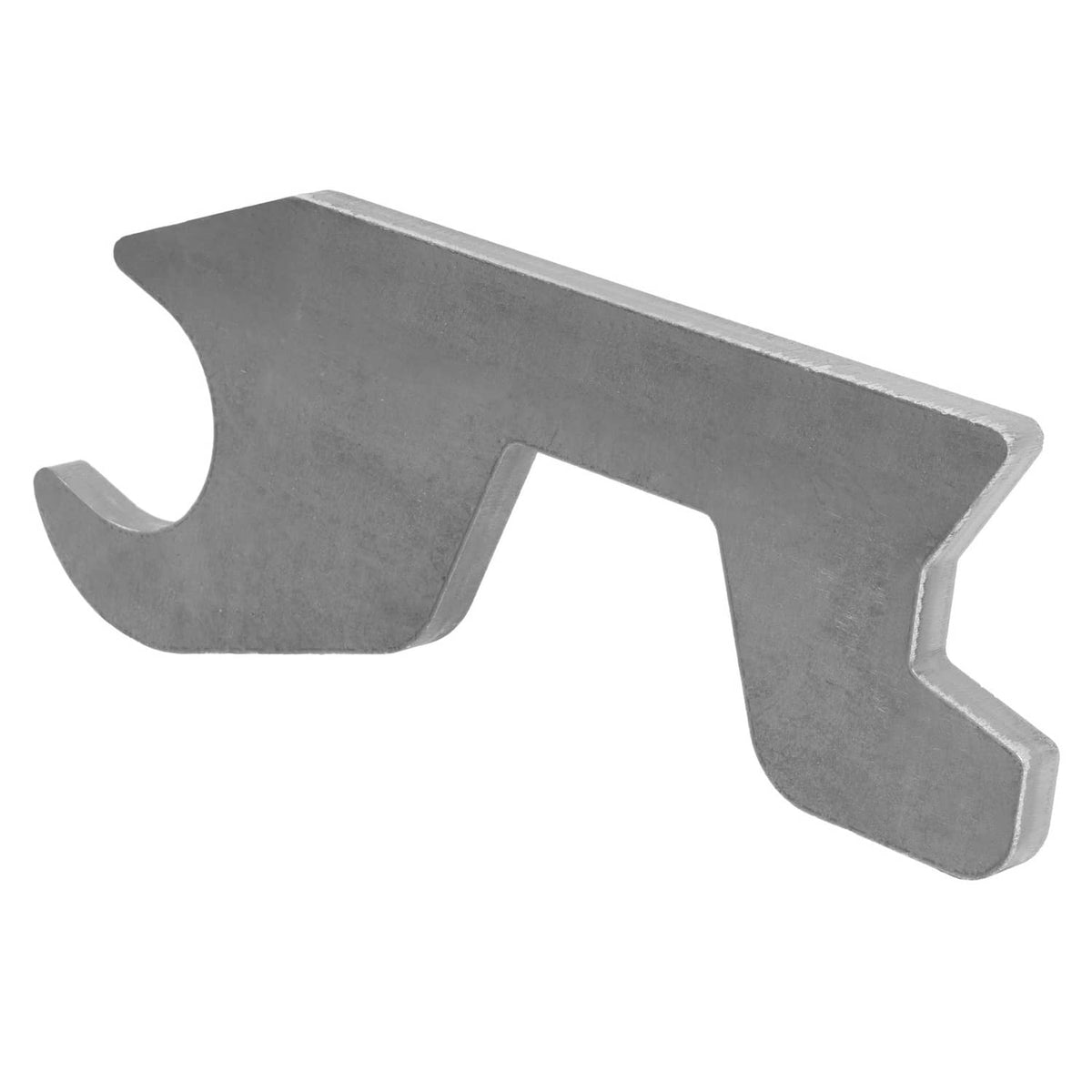 Steel quick-attach bucket ear bracket with recessed hook opening and extended edge, gray
