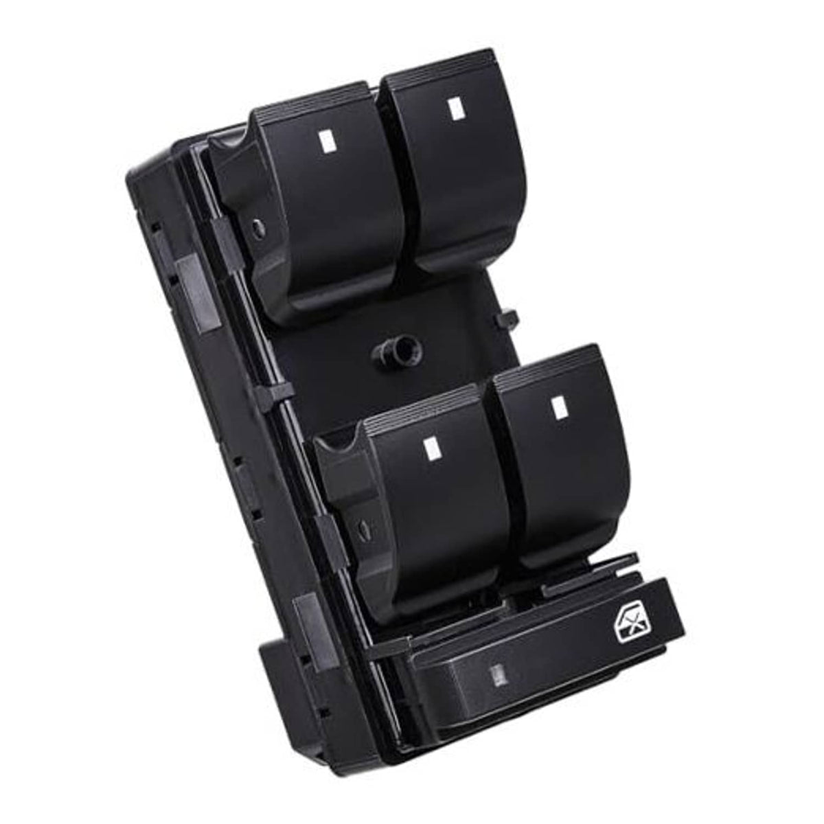 Black power window control switch module with four rocker buttons and wiring connector