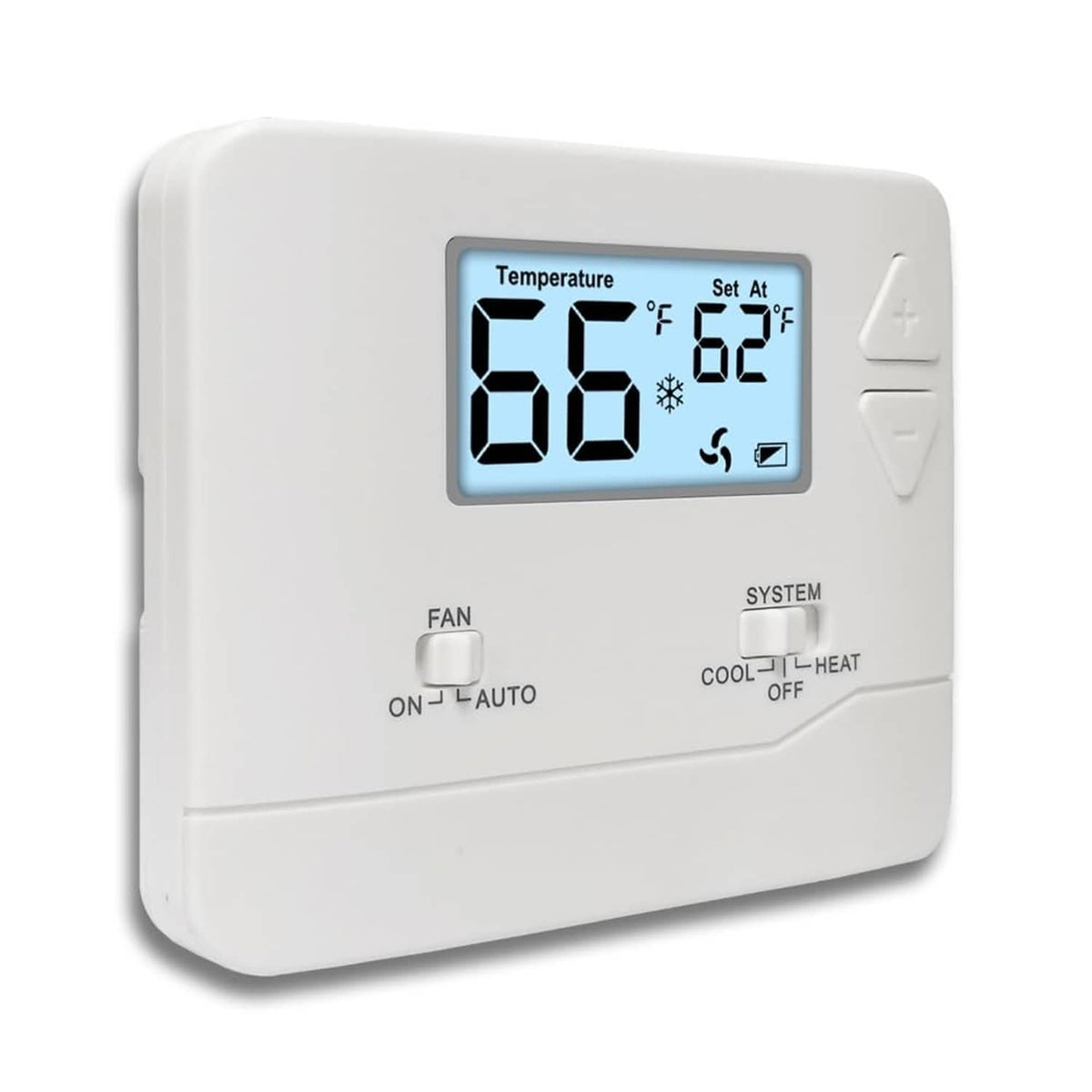 White digital non-programmable thermostat with blue backlit screen and control buttons