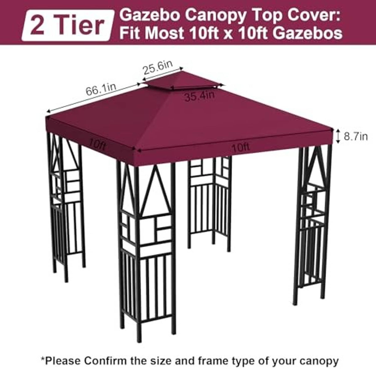 Double-tier pop-up gazebo canopy top cover shown over steel frame, burgundy