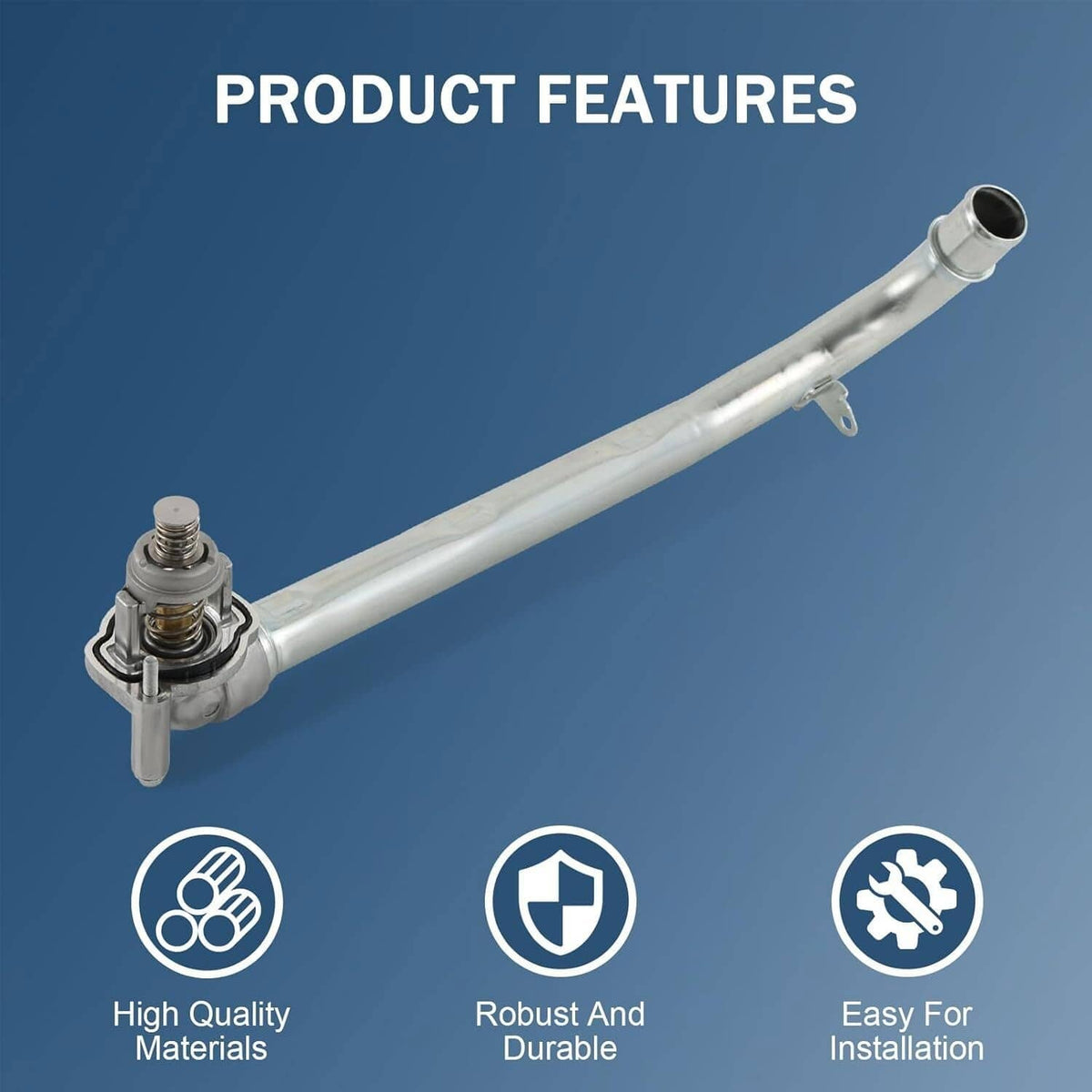 Thermostat coolant pipe assembly with mounting brackets and end outlet