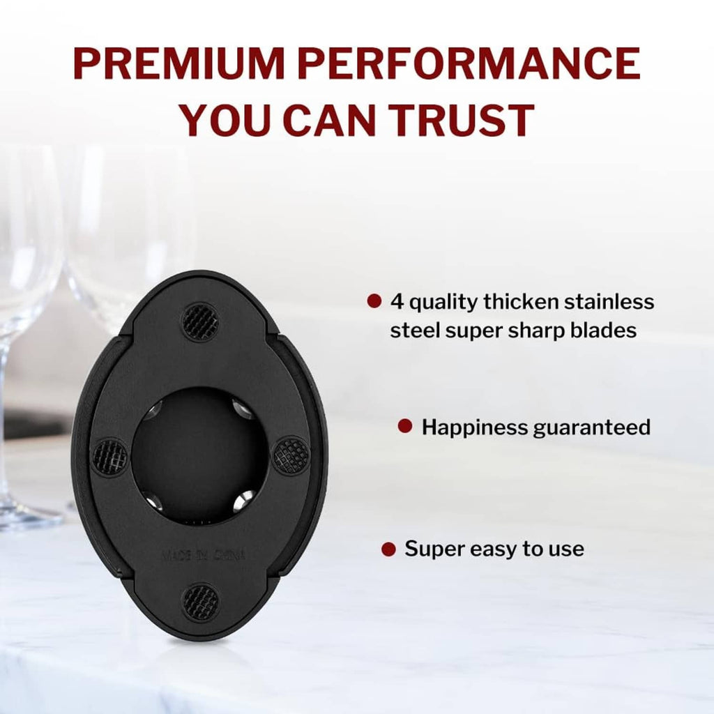 Oval black wine opener with stainless steel blades and lever handle
