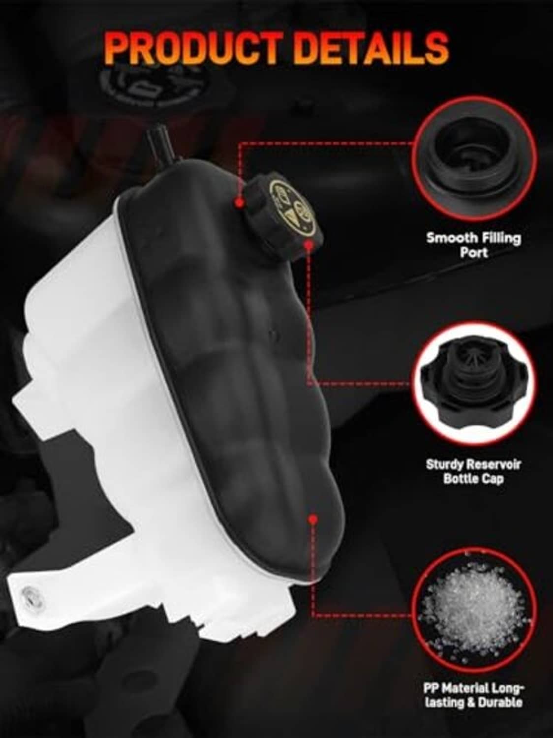 Black coolant expansion tank with cap, showing top fill port and reservoir body