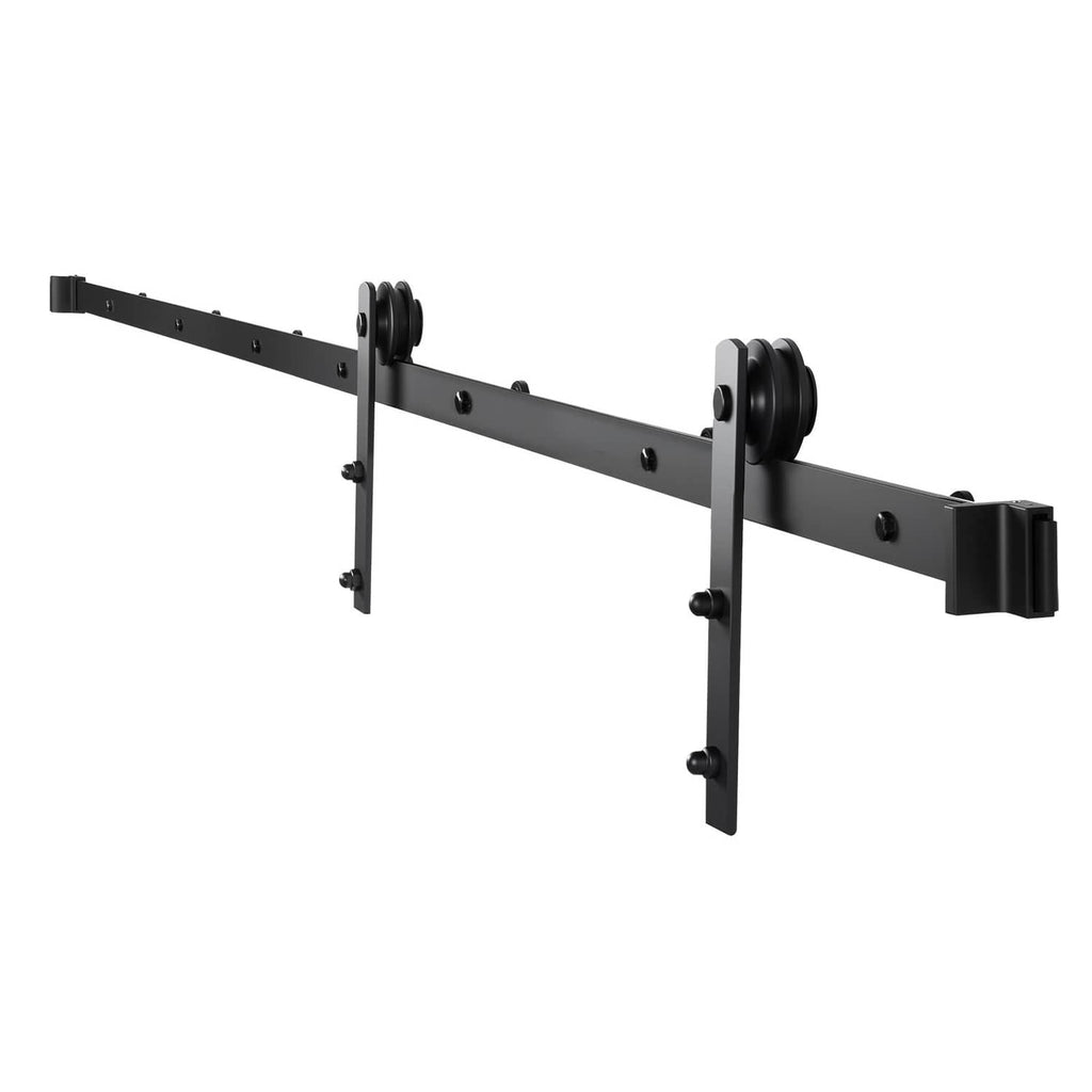 Black sliding barn door track system with wheels, brackets, and stopper pieces