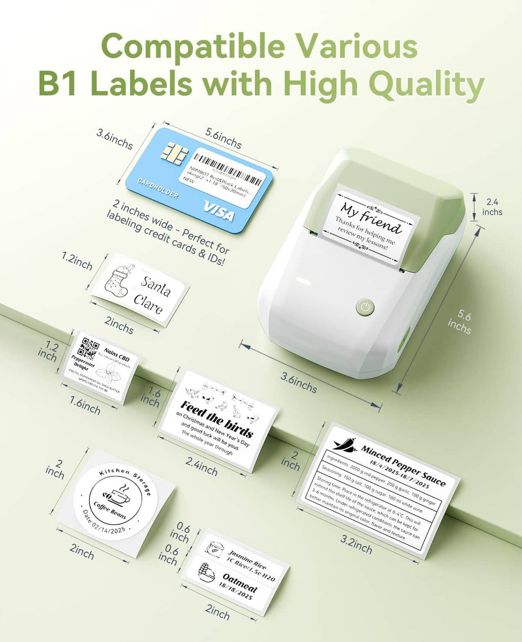 NIIMBOT B1 label printer next to multiple 2-inch label sizes and printed examples
