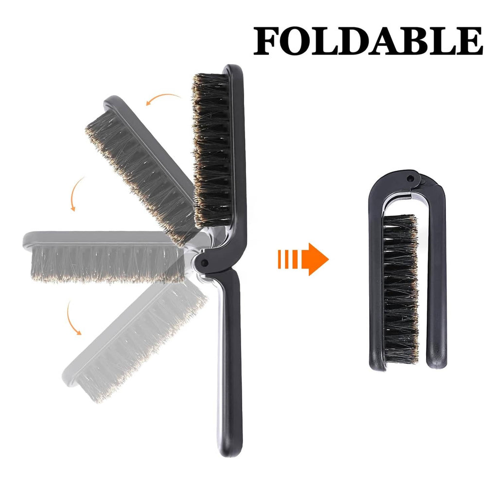 Foldable black boar bristle hair brush mechanism showing open and closed positions