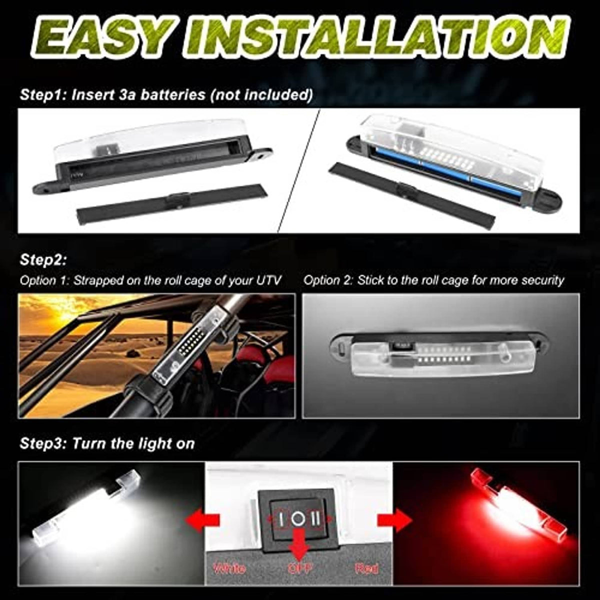 LED light bar with clear lens, black strap base, and battery compartment access