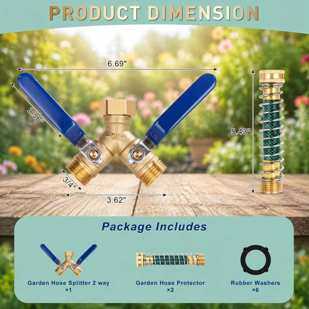 Brass garden hose splitter with blue handles and tall spring hose protector