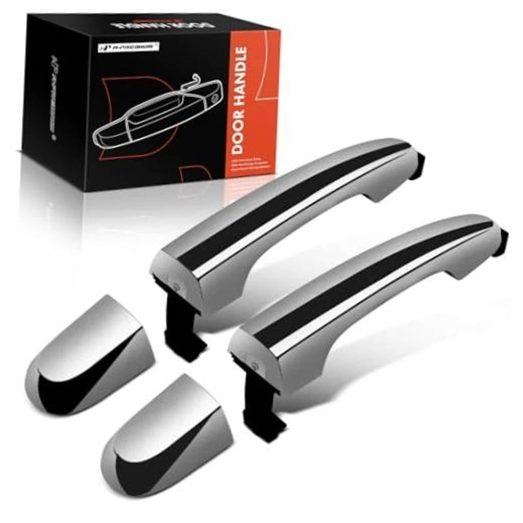 Pair of rear exterior door handles with silver chrome finish and black mounting bases