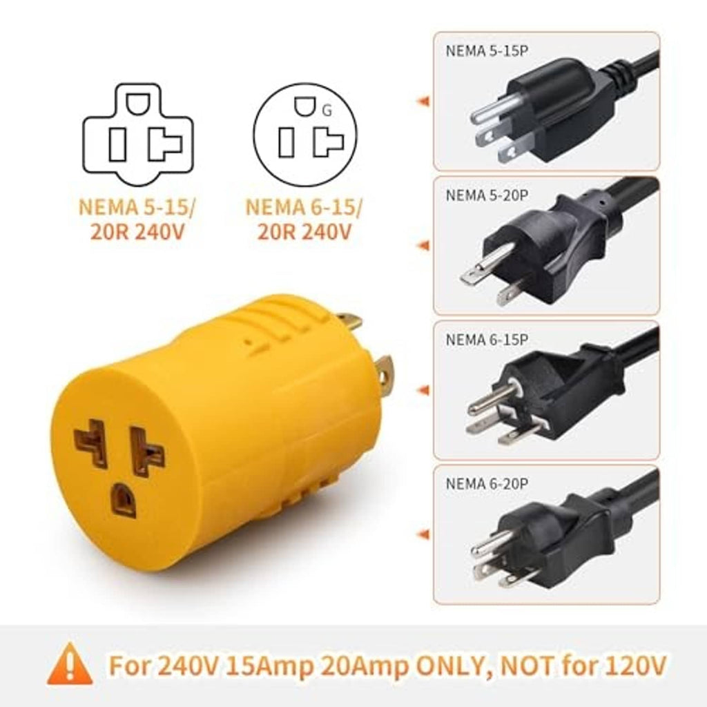 Yellow adapter plug for NEMA 5-15/20R style outlet with front connector face