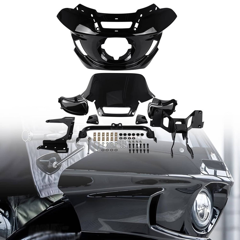 Motorcycle headlight fairing windscreen and mounting bracket kit, glossy black