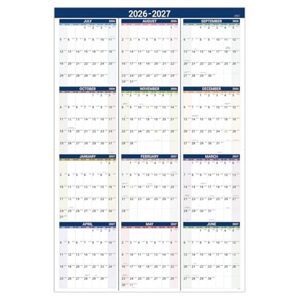 2026-2027 wall calendar, full July to June monthly grid with blue bar highlights