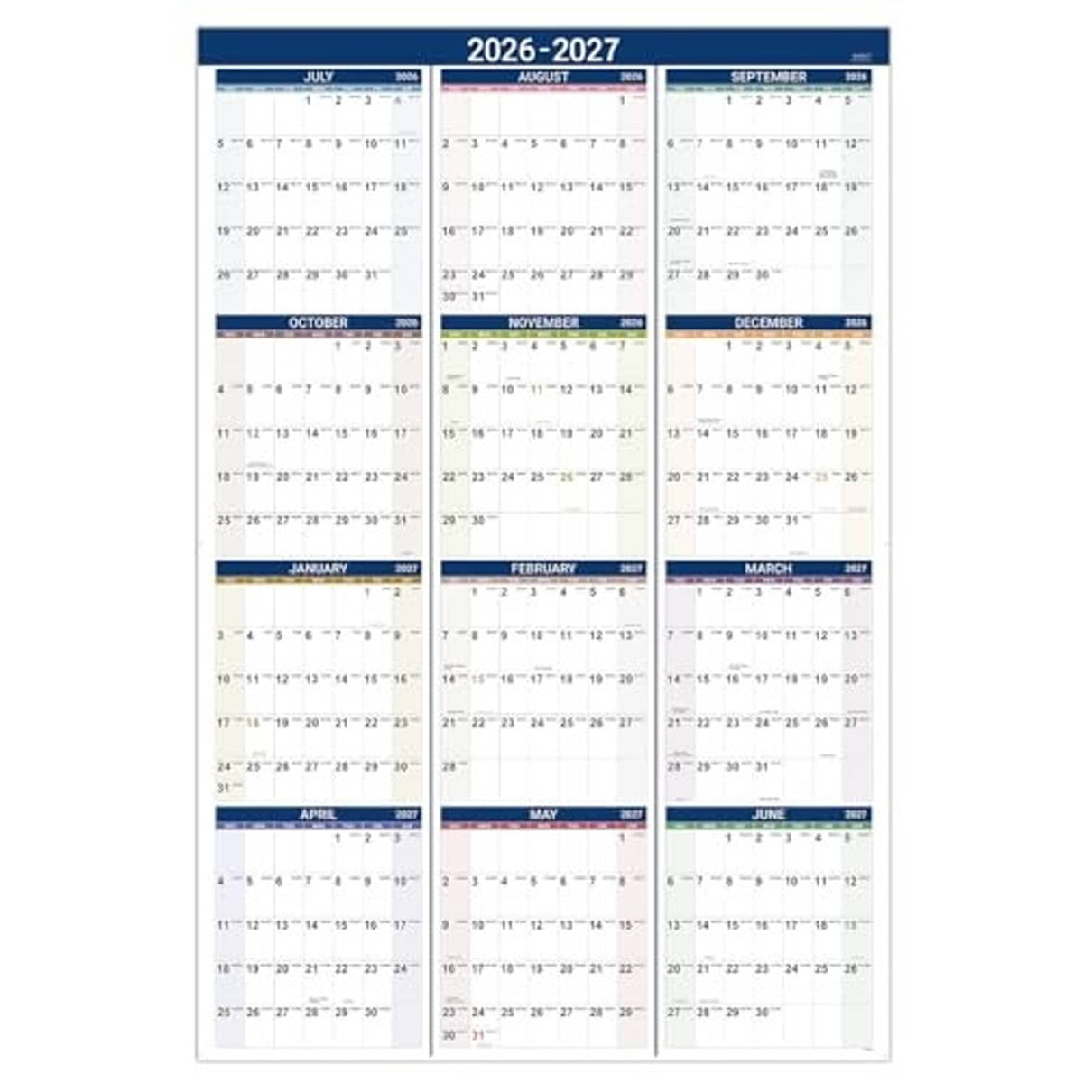 2026-2027 wall calendar, full July to June monthly grid with blue bar highlights