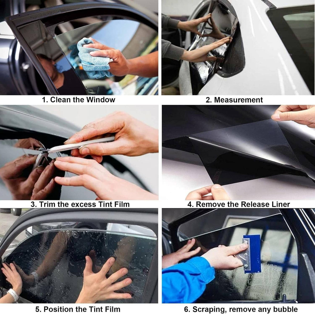 Window tint film application steps inside car: clean, measure, trim, remove liner, scrape bubbles.